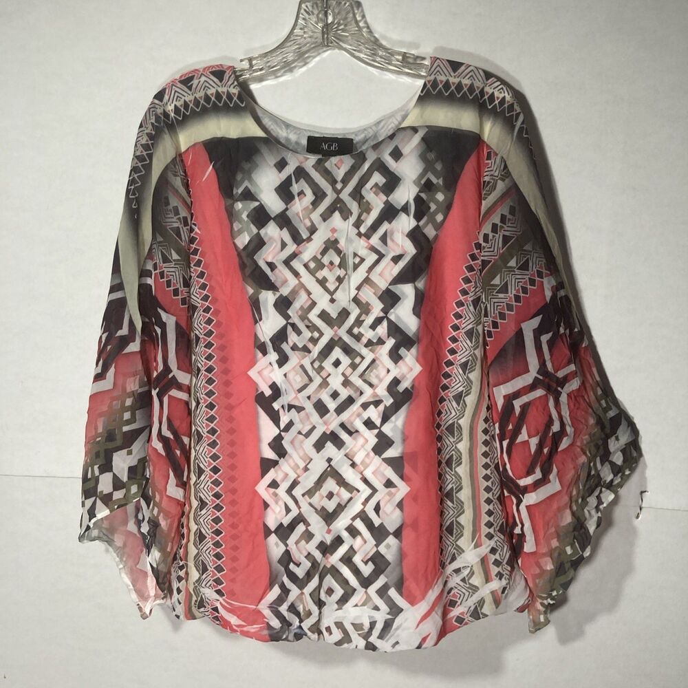 AGB multicolor geometric flared sleeve semi sheer overlay bubble hem top L